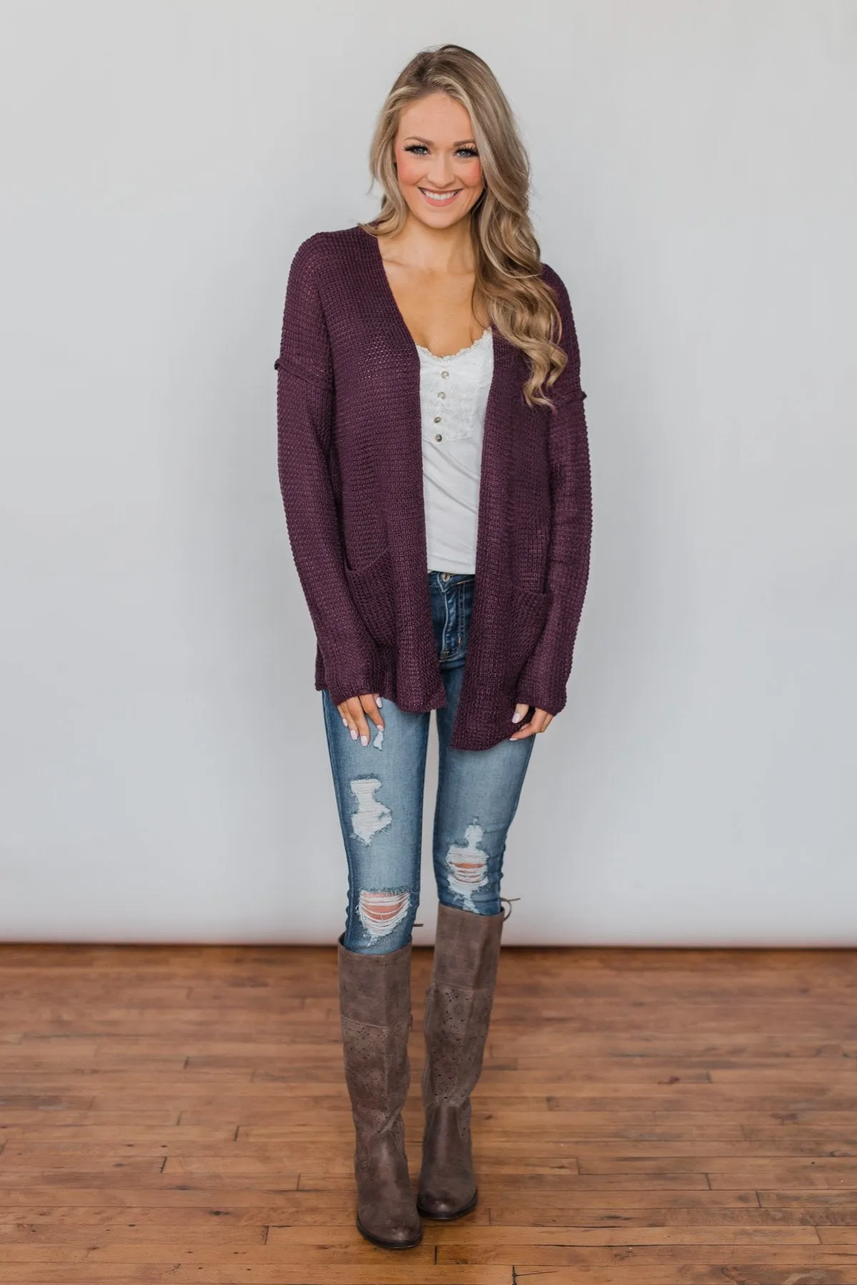 Caught Up In You V-Back Cardigan - Plum