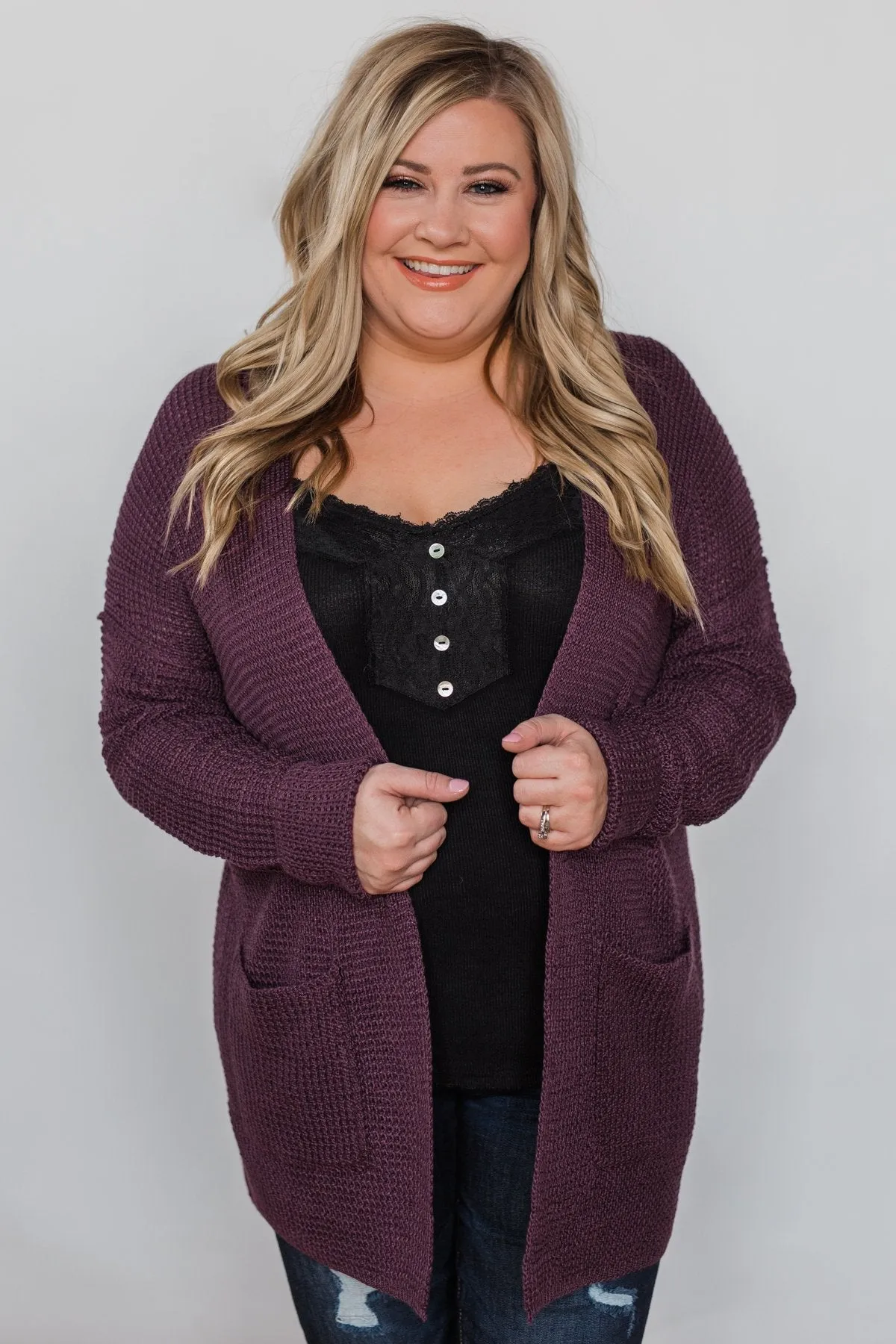 Caught Up In You V-Back Cardigan - Plum