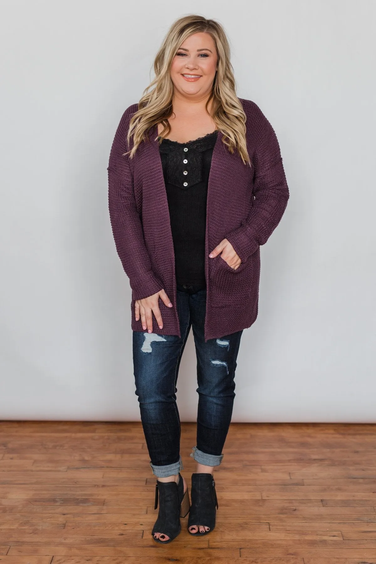 Caught Up In You V-Back Cardigan - Plum