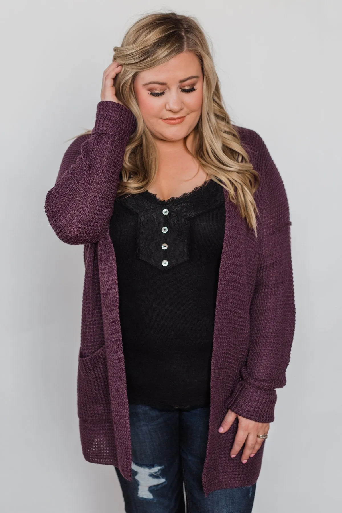 Caught Up In You V-Back Cardigan - Plum