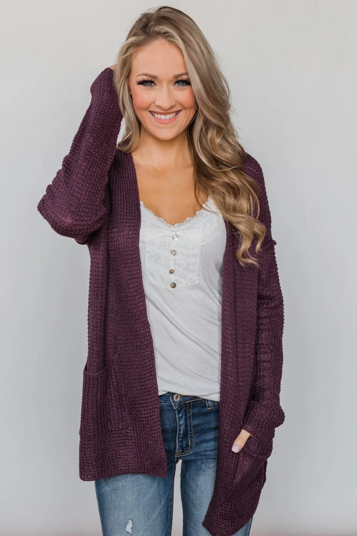 Caught Up In You V-Back Cardigan - Plum