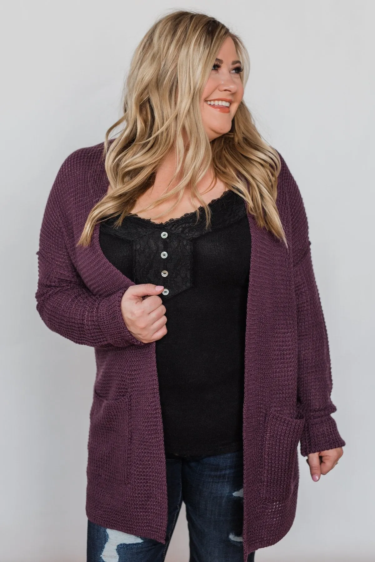 Caught Up In You V-Back Cardigan - Plum