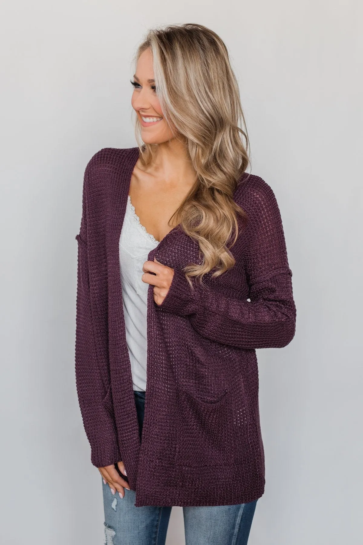 Caught Up In You V-Back Cardigan - Plum