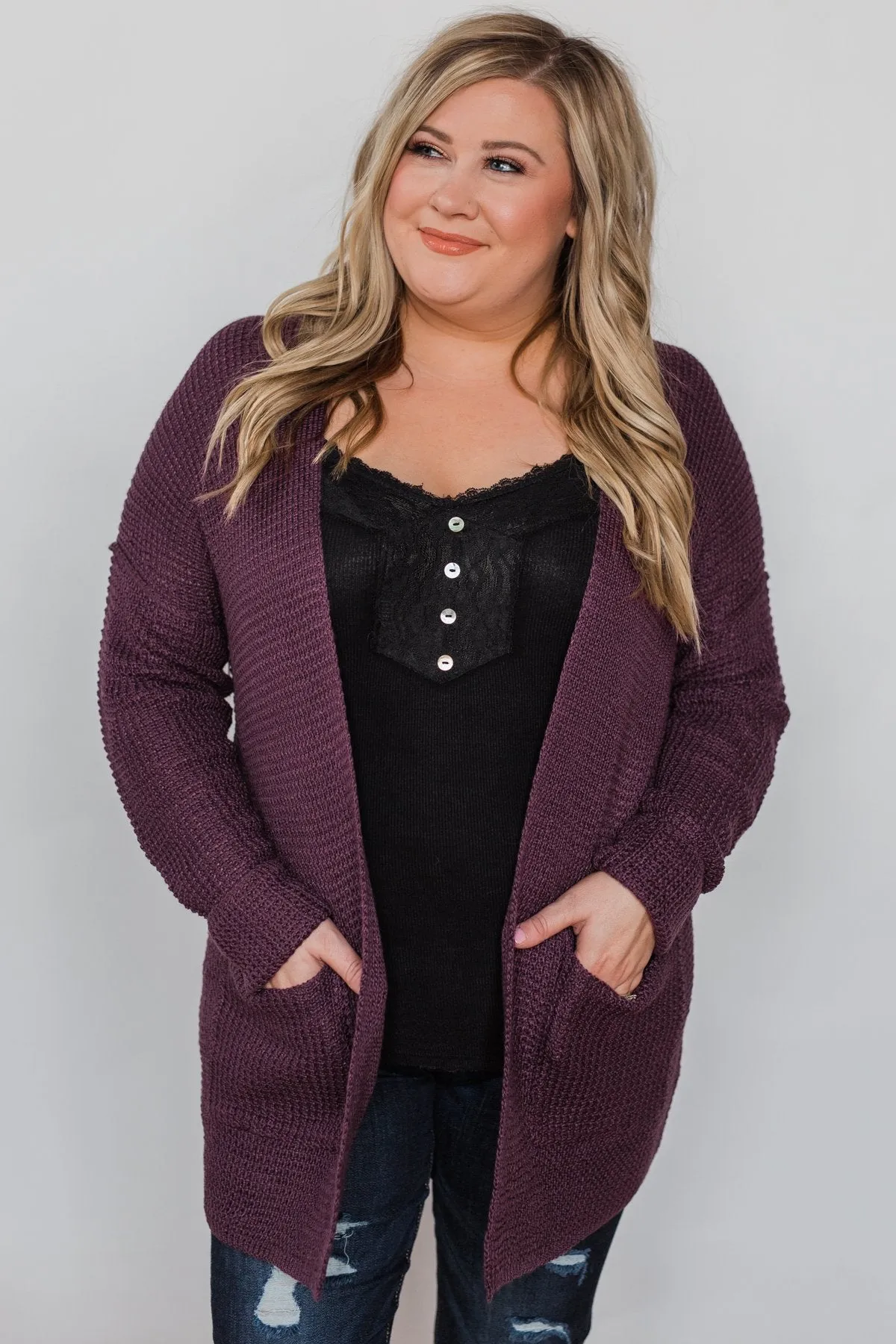 Caught Up In You V-Back Cardigan - Plum