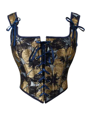 Charmian Women Vintage Gold Floral Printed U Neck Front Tie Overbust Bustier Bodice Corset