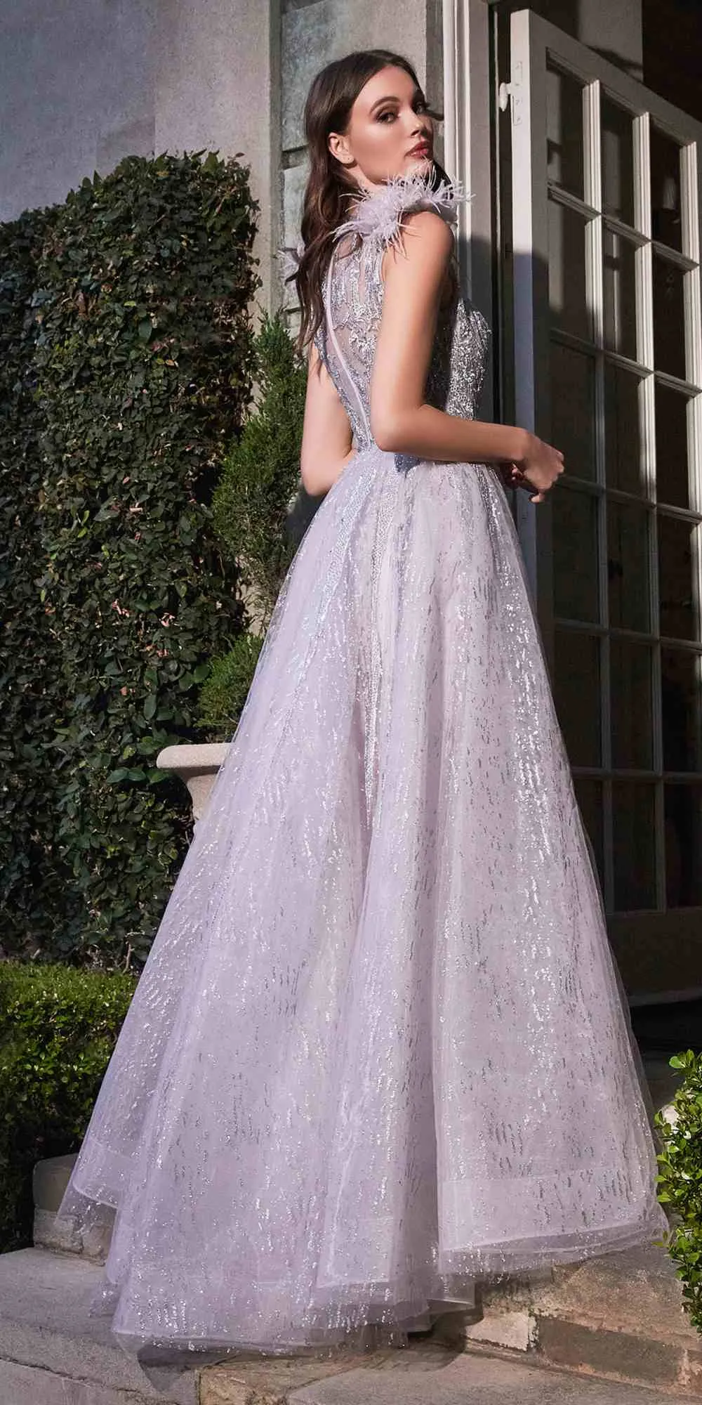 Cinderella Divine B704 Feathered Shoulder Tulle A-Line Ball Gown