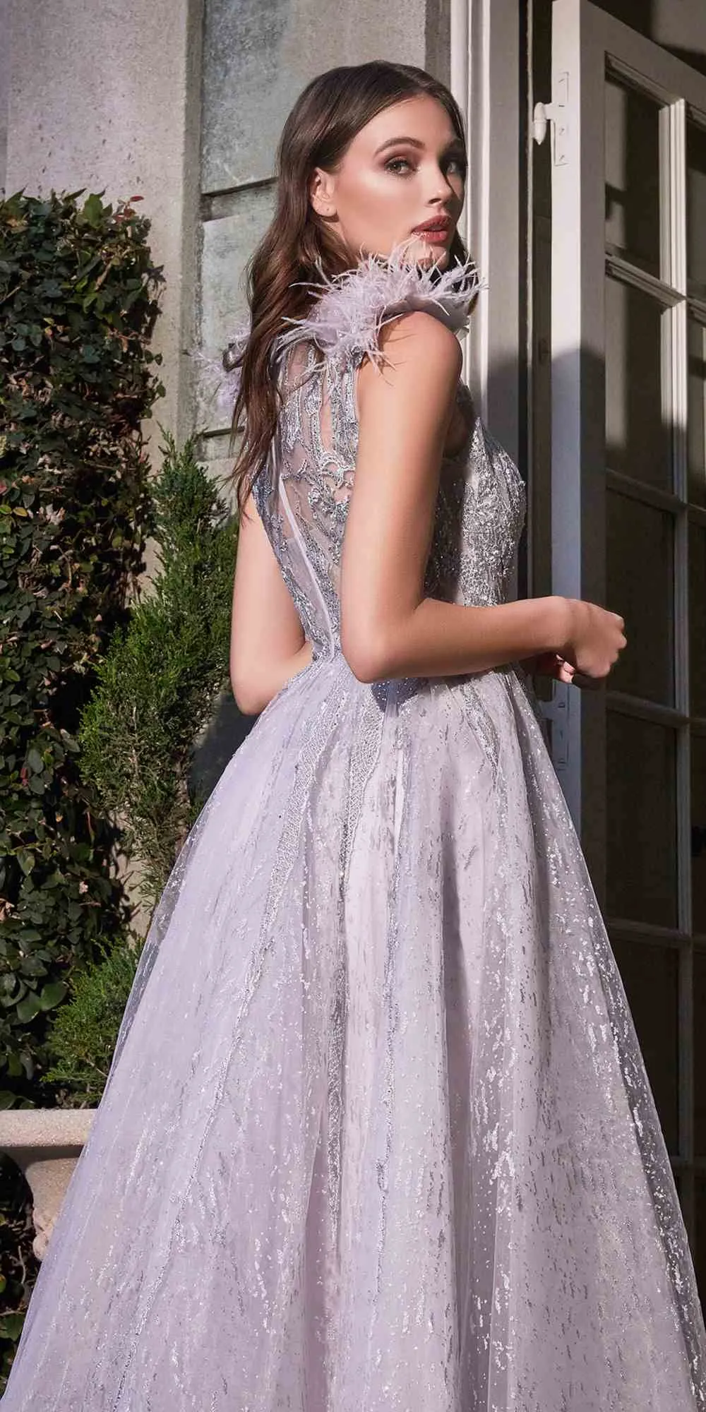 Cinderella Divine B704 Feathered Shoulder Tulle A-Line Ball Gown