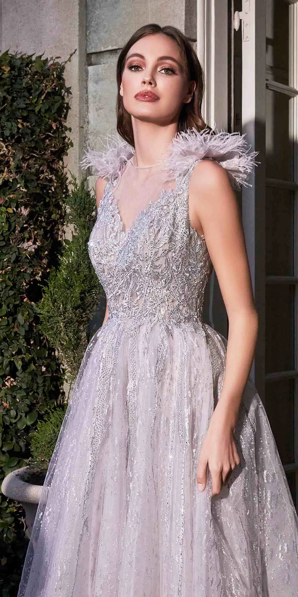 Cinderella Divine B704 Feathered Shoulder Tulle A-Line Ball Gown