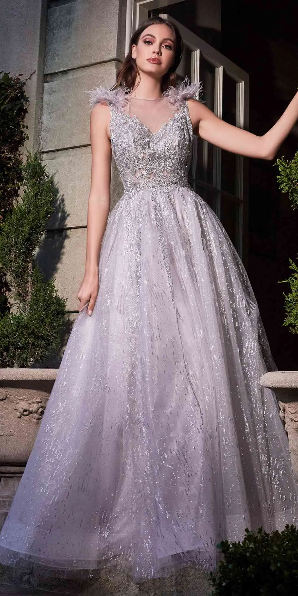 Cinderella Divine B704 Feathered Shoulder Tulle A-Line Ball Gown
