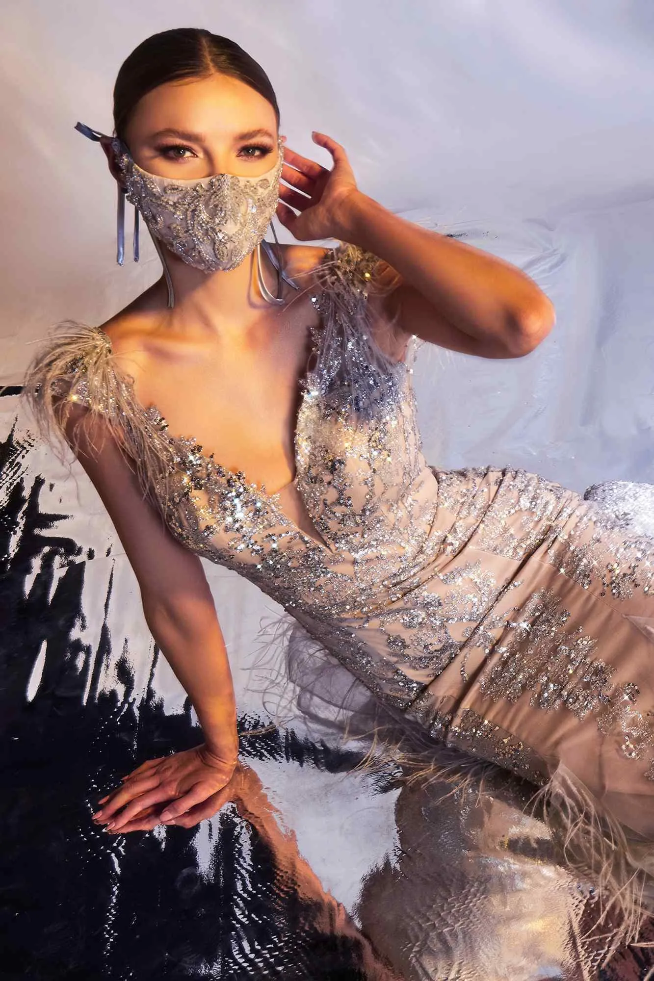 Cinderella Divine C57 Mermaid Gown Feathered V-Neckline Glitter Floral