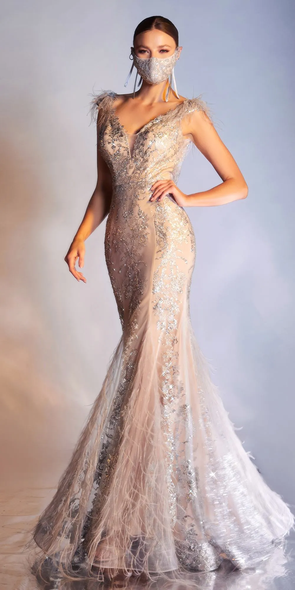 Cinderella Divine C57 Mermaid Gown Feathered V-Neckline Glitter Floral