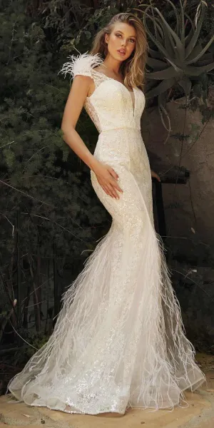 Cinderella Divine C57W Mermaid Wedding Gown Feathered V-Neckline Glitter