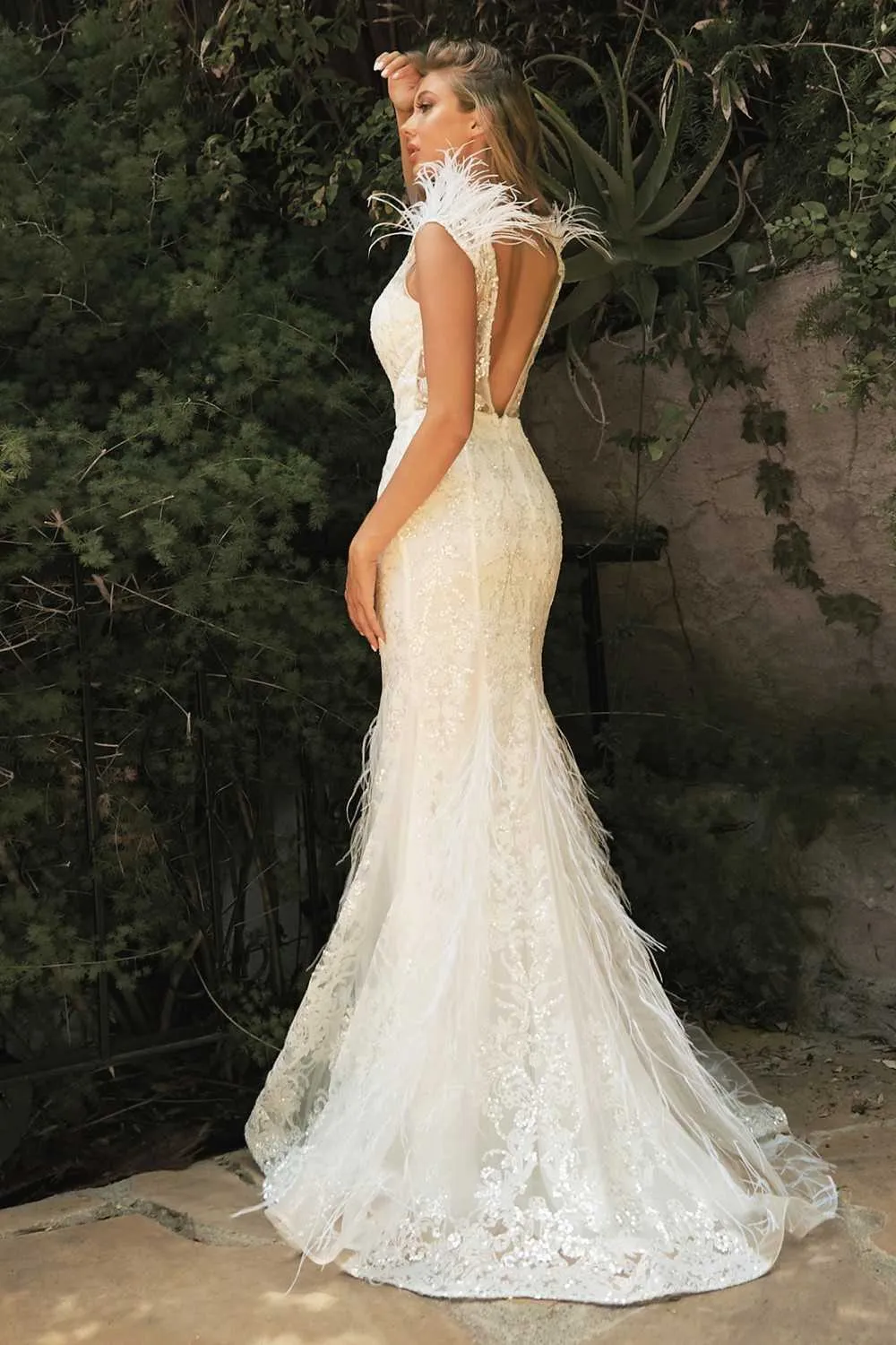Cinderella Divine C57W Mermaid Wedding Gown Feathered V-Neckline Glitter