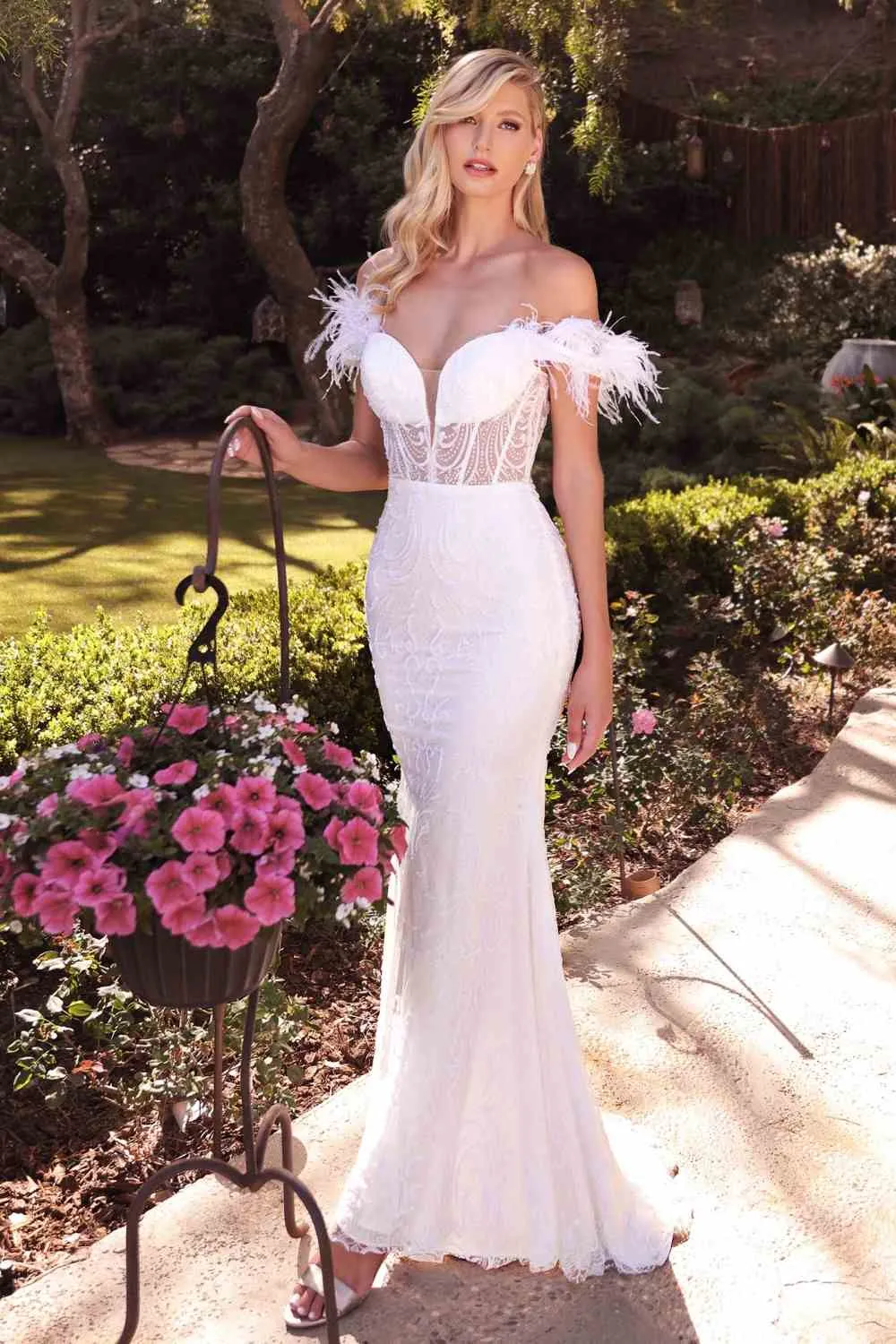 Cinderella Divine J824W Off the Shoulder Glimmering Bridal Gown