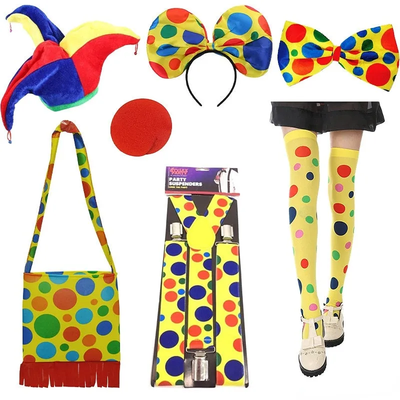Clown Costume Set Wig Hat Nose Bow Tie  Accessories for Kids Adult Halloween  Party Circus Carnivals Cosplay  Props
