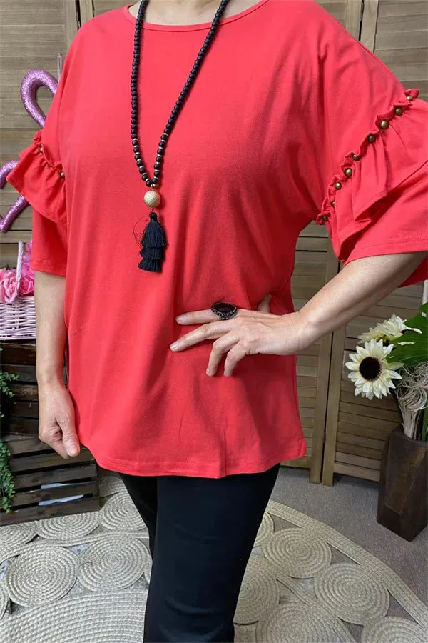 Coral Blouse with stud ruffle sleeves