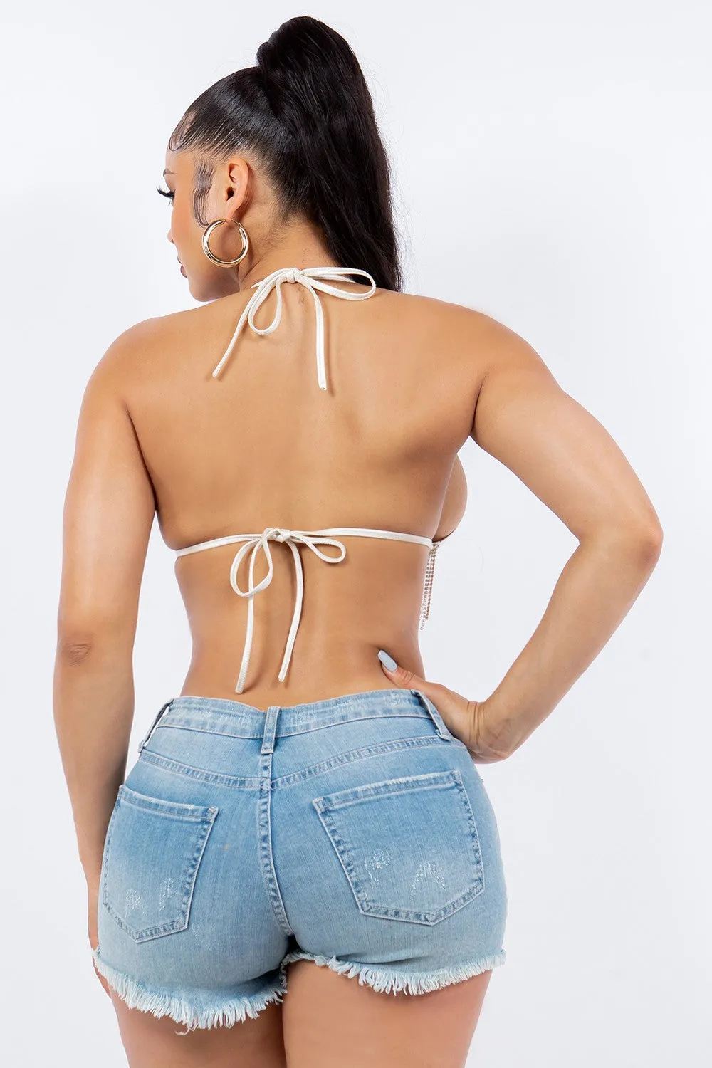 Cream Faux Leather Rhinestone Fringe Bikini Top 3/22/24 8352