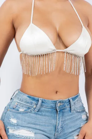 Cream Faux Leather Rhinestone Fringe Bikini Top 3/22/24 8352