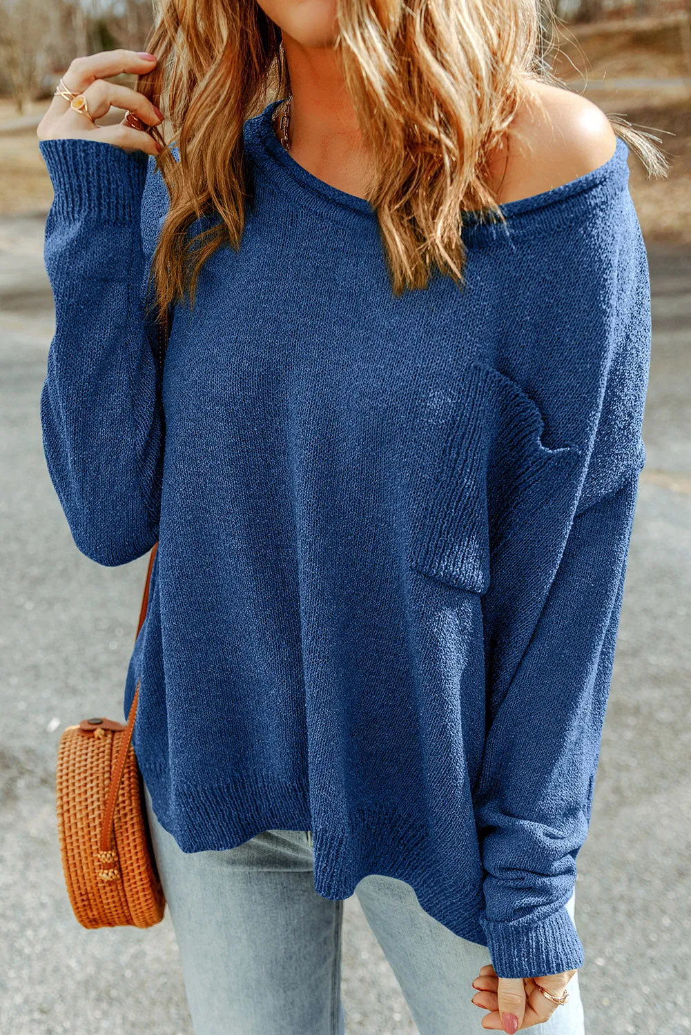 Dark Blue Green Solid Color Off Shoulder Rib Knit Sweater with Pocket