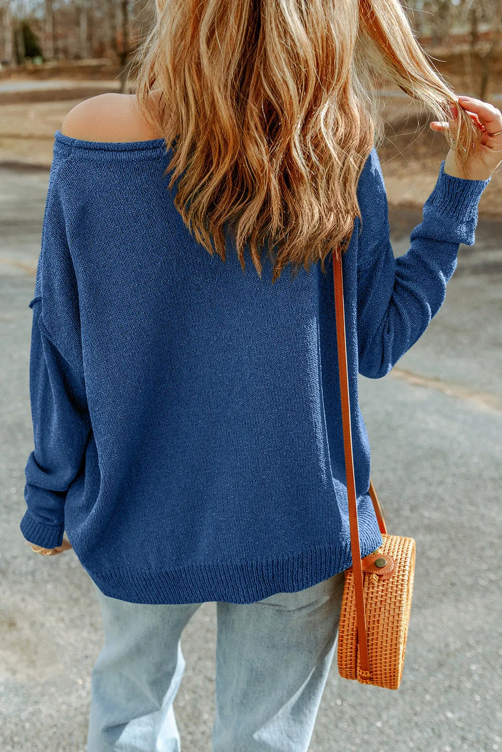 Dark Blue Green Solid Color Off Shoulder Rib Knit Sweater with Pocket