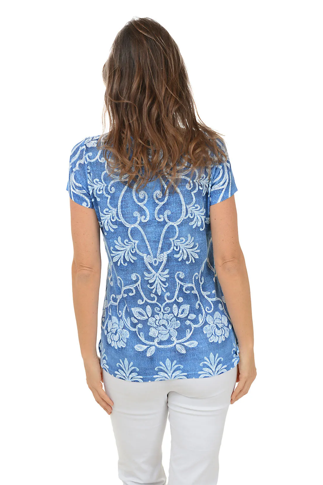 Denim Damask Studded Chiffon Hem Top