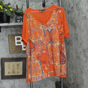 DG2 by Diane Gilman Plus Size Embellished Burnout T-Shirt Top Orange Paisley 3X