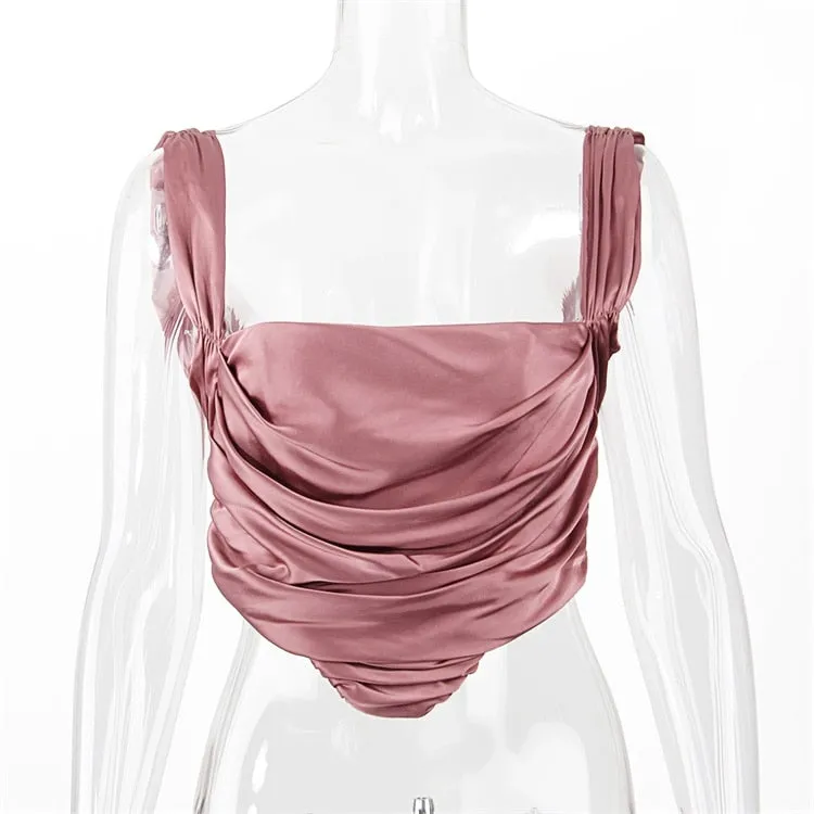 Draped Satin Corset Tops Solid Women Sexy Outfits