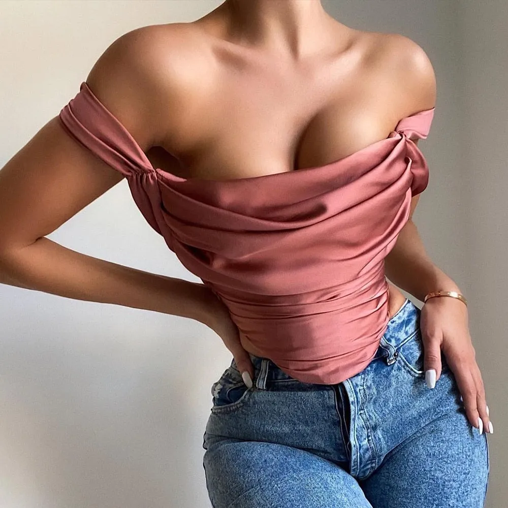 Draped Satin Corset Tops Solid Women Sexy Outfits