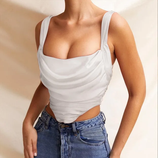 Draped Satin Corset Tops Solid Women Sexy Outfits