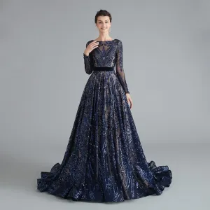 Dubai A-Line Luxury Evening Dress Muslim Vintage Long Sleeves Sequins Sparkle Prom Party Gowns