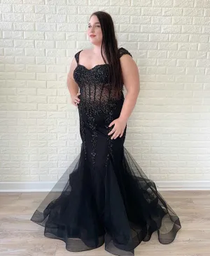 Elegant 2019 Plus Size Mermaid Prom Dresses Beaded Sexy Tulle Evening Party Gowns