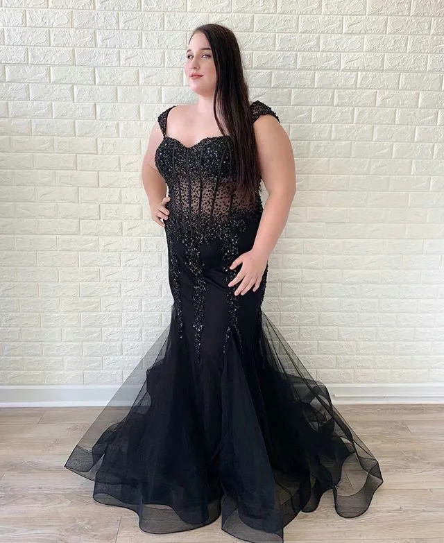 Elegant 2019 Plus Size Mermaid Prom Dresses Beaded Sexy Tulle Evening Party Gowns