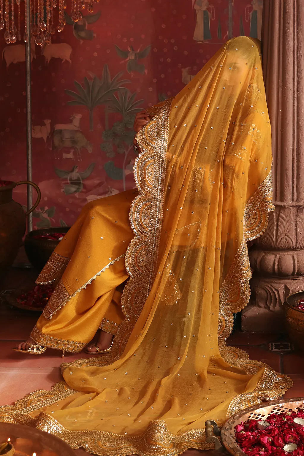Elegant Tilla Embroidered Paksitani Wedding Dress in Kameez Trousers Style