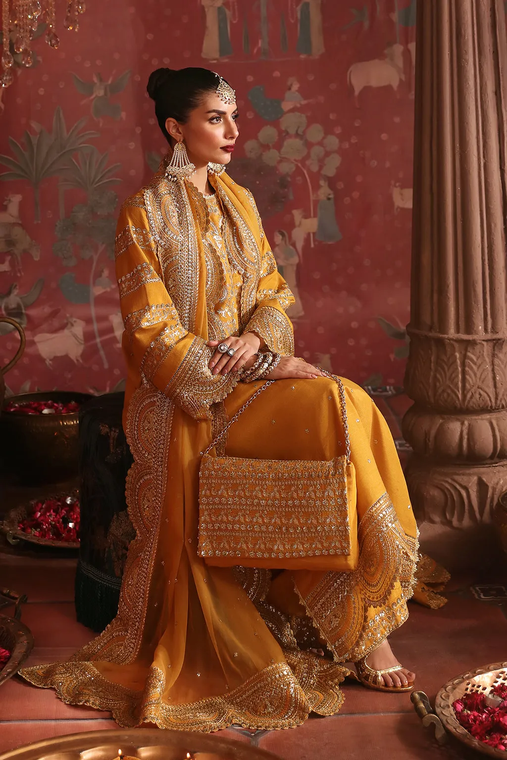 Elegant Tilla Embroidered Paksitani Wedding Dress in Kameez Trousers Style