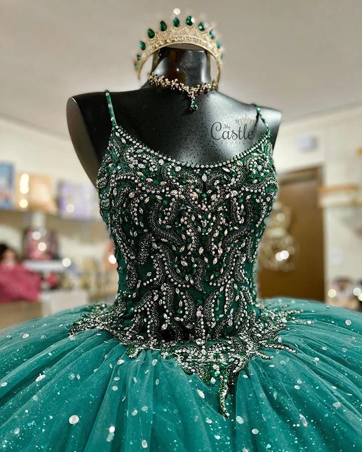 Emerald Green Quinceanera Dress Sequined Sparkly Tulle Ball Gowns Sweet 16 vestidos de quinceañera AW2207201