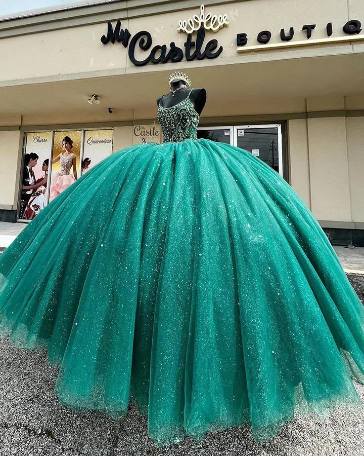 Emerald Green Quinceanera Dress Sequined Sparkly Tulle Ball Gowns Sweet 16 vestidos de quinceañera AW2207201