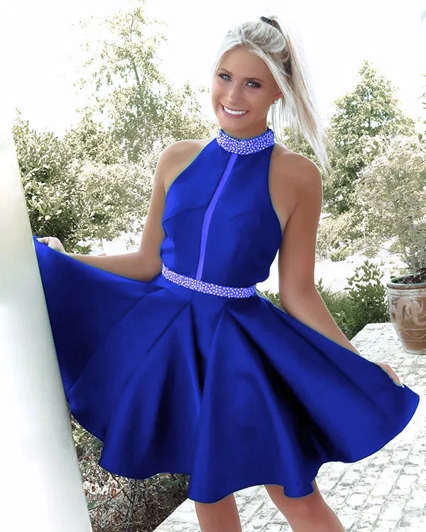 Fashion 2019 Halter Neckline Short Homecoming Dresses with Pearls Beaded Satin Prom Gowns