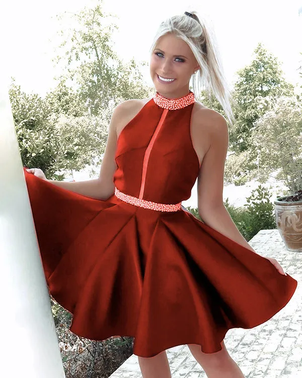 Fashion 2019 Halter Neckline Short Homecoming Dresses with Pearls Beaded Satin Prom Gowns
