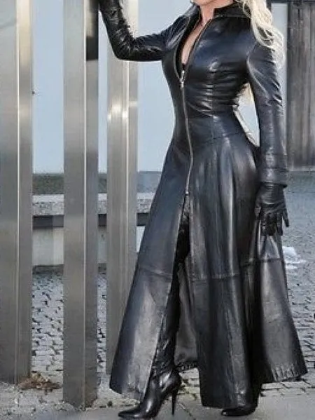 Faux Leather Solid Stand-up Collar Zipper Retro Coat