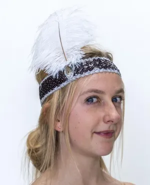 Flapper 20's Headband Black Sequin With White Feather