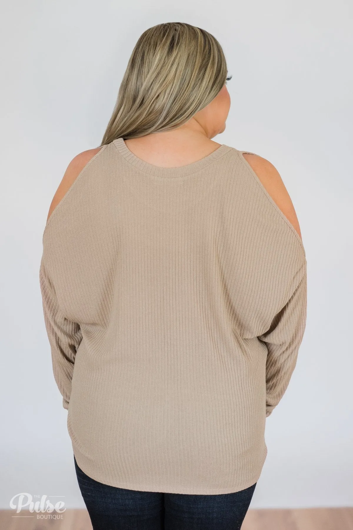 Flattering Twist Cold Shoulder Top- Taupe