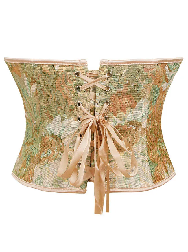 Floral Lace Up Boned Overbust Corset Bustier Bodyshaper Top