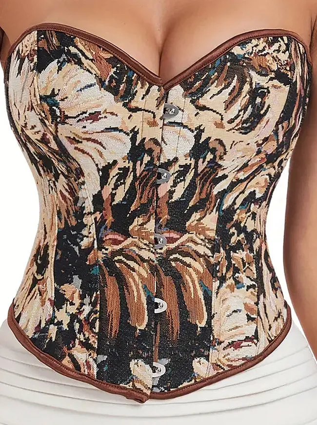 Floral Lace Up Boned Overbust Corset Bustier Bodyshaper Top