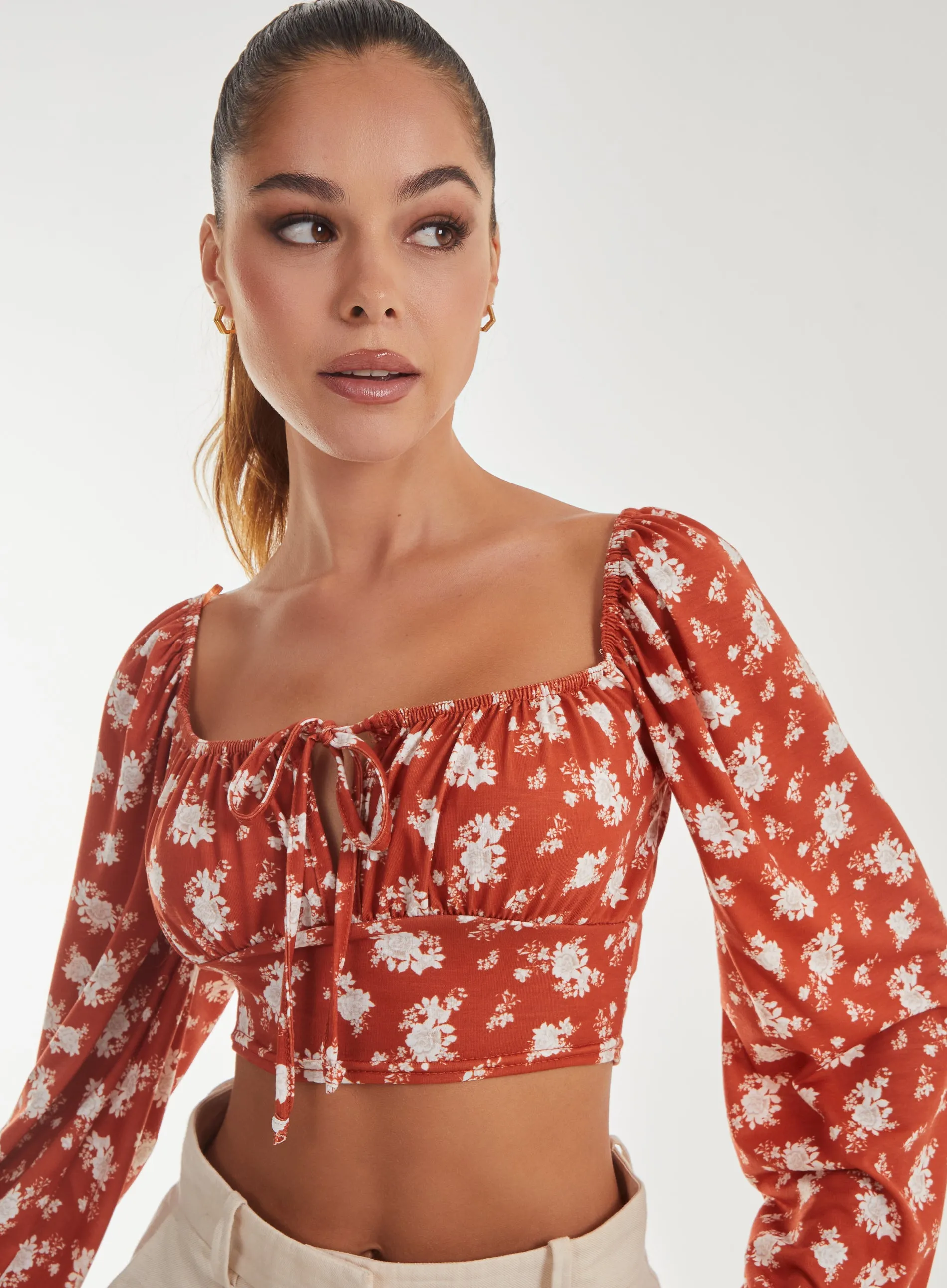 Floral Printed Long Balloon Sleeve Top