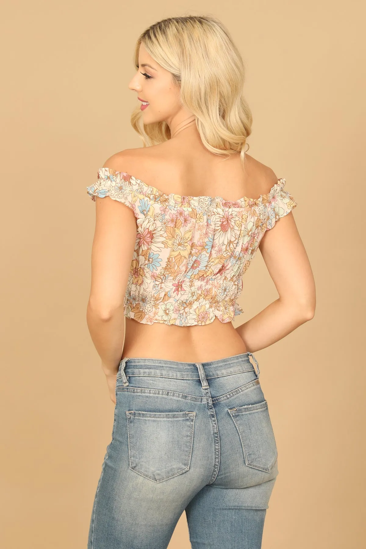 FLORAL RUFFLE OFF-SHOULDER CROP TOP