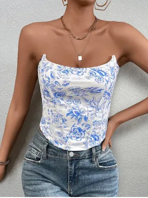 Floral Strapless Lace Up Corset Top