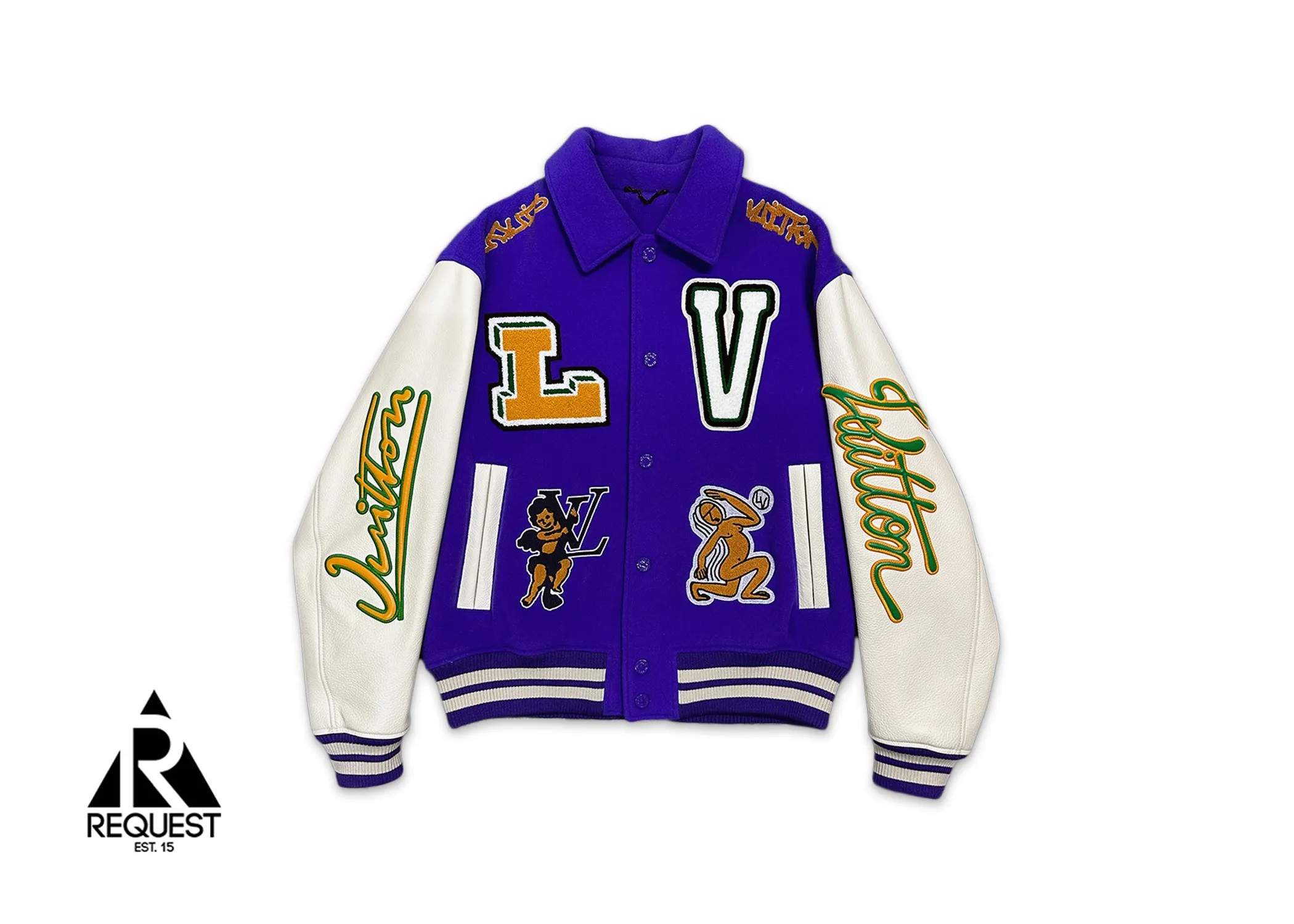Frog Multi Patch Leather Varsity Jacket "Purple & White"