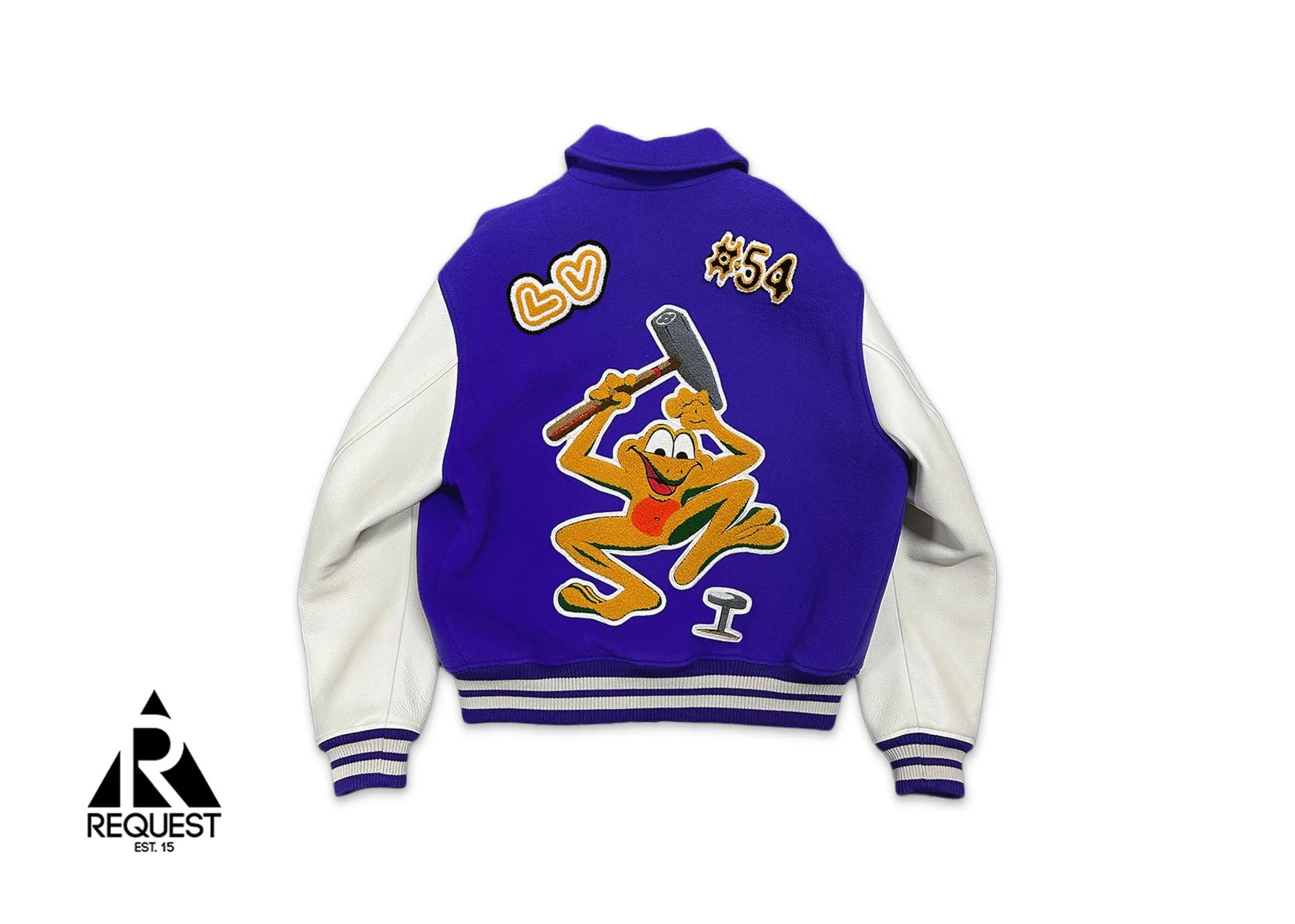 Frog Multi Patch Leather Varsity Jacket "Purple & White"