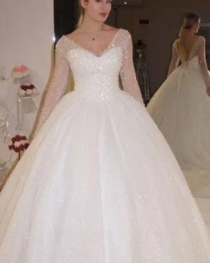 Gorgeous 2019 Wedding Dresses Sheer Long Sleeves Elegant V-Neck Bridal Ball Gowns Fashion