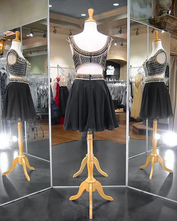 Gorgeous Two Piece Short Homecoming Dresses Gold Beadings Black Chiffon A line Party Gowns